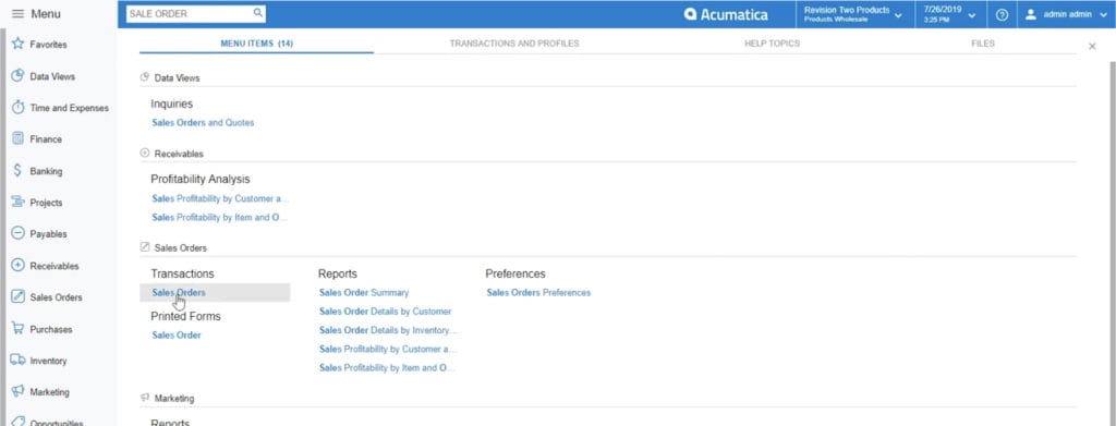 Selecting sales order module in Acumatica