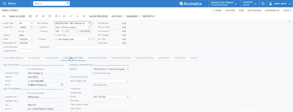 Selecting financial settings within acumatica sales order module