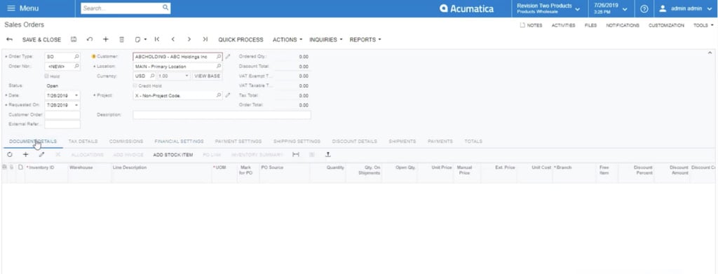 selecting document details in acumatica sales order module