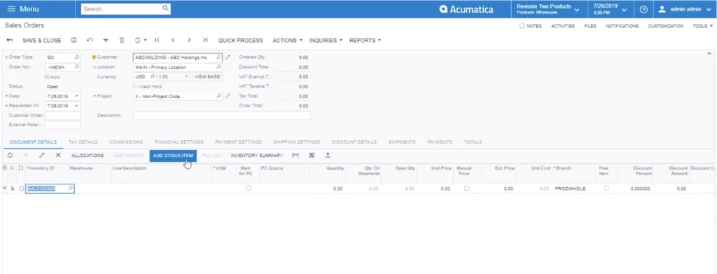 adding a stock item in acumatica sales order module