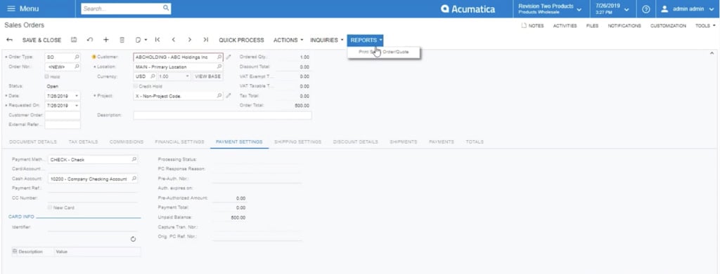 Navigating to reports & print sales order in Acumatica