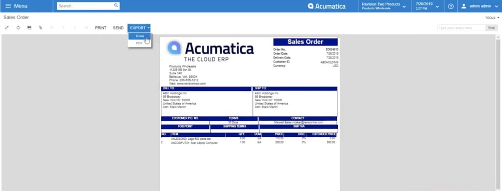 Exporting your Acumatica Sales order report as an excel file or PDF file