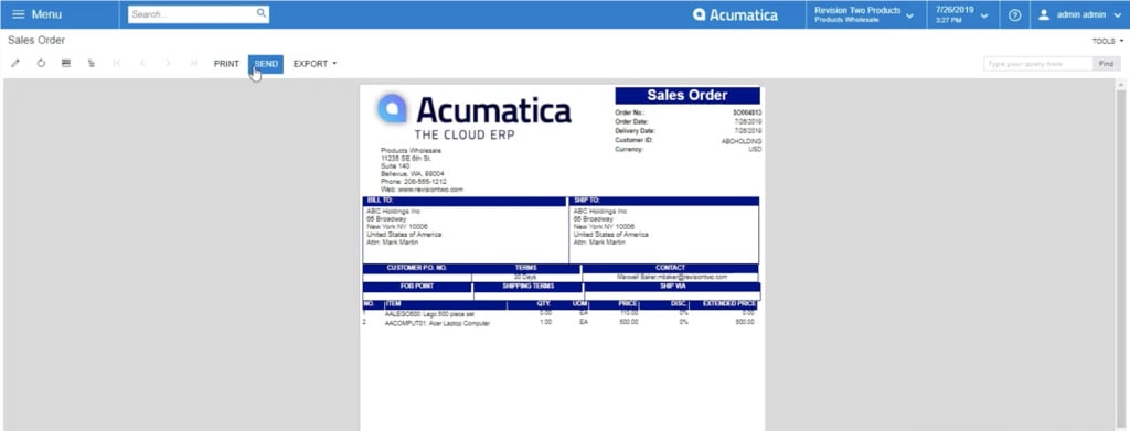 Sending your acumatica sales order report